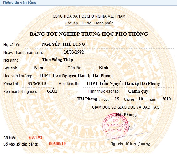 Xem chi tiết thông tin văn bằng - Tra cứu văn bằng