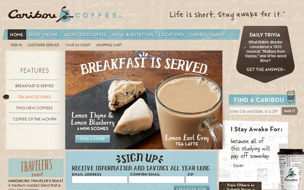 caribou coffee website webpage cafe