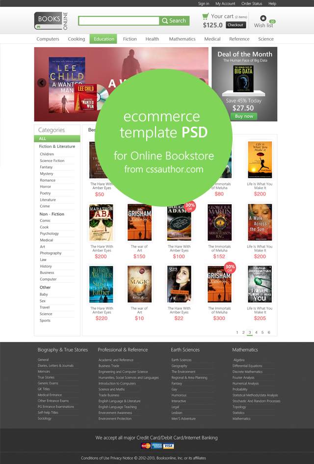 E commerce Home Page Template PSD for Online Bookstore cssauthor.com 20 Beautiful Web Design Template PSD for Free Download