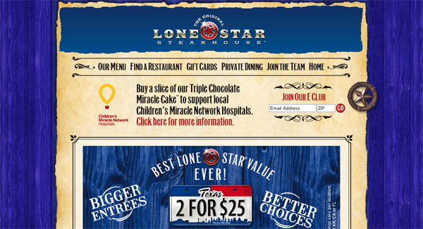 Lonestarsteakhouse.com in 70 Most Creative Cafes' And Restaurants' Web Sites