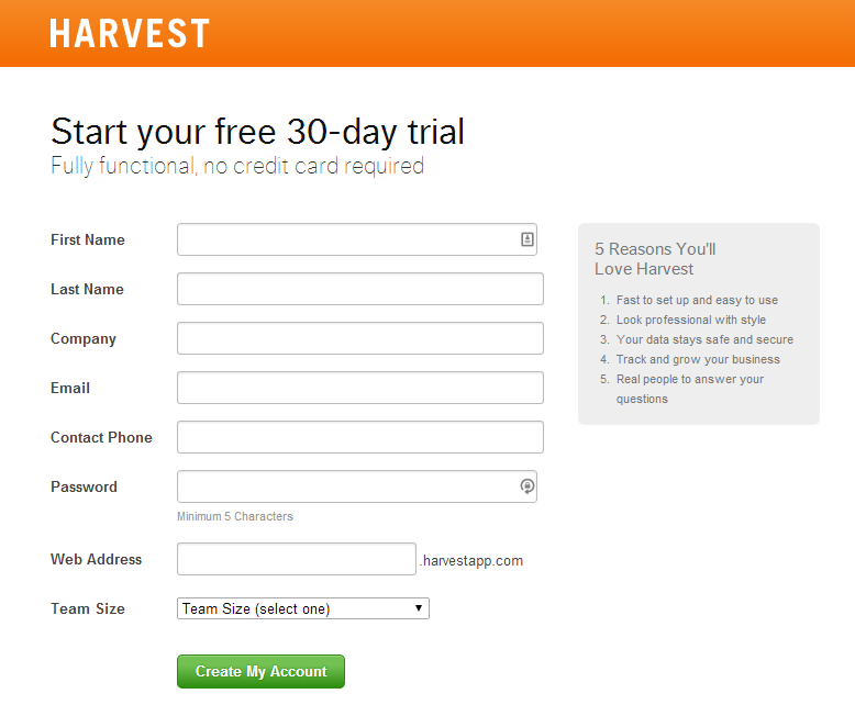 start your free trial conversion page harvest thiet ke web ban hang
